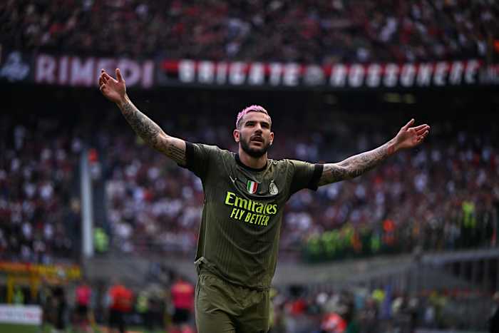 AC Milan left-back Theo Hernandez pictured celebrating after scoring a stunning goal against Lazio in May 2023